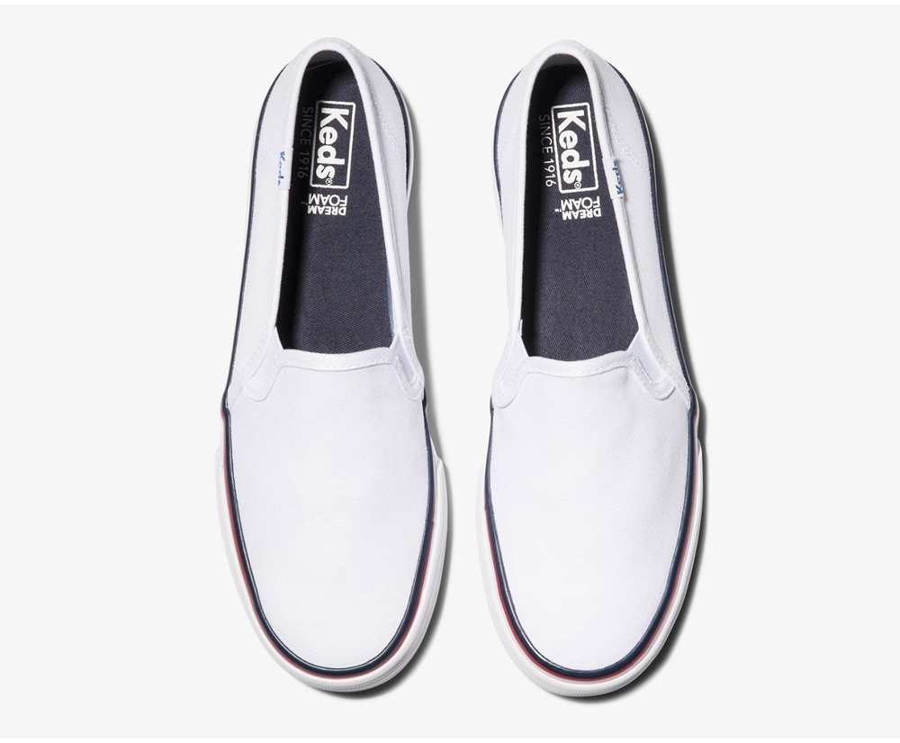 Keds Slip Ons White - Washable Double Decker Varsity - Womens GEDJBO-261